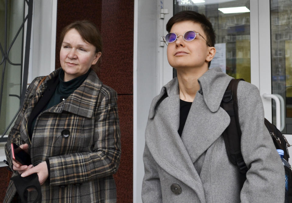 Feminist activist and artist Yulia Tsvetkova, right, and her lawyer Irina Ruchko speak to the media after visiting a court session in Komsomolsk-on-Amur, Russia, Monday, April 12, 2021. A Russian court on Monday opened the trial of Yulia Tsvetkova charged with disseminating pornography after she shared artwork depicting female genitalia online -- a case in line with the Kremlin’s conservative stance promoting “traditional family values.” (AP Photo/Alexander Permyakov)