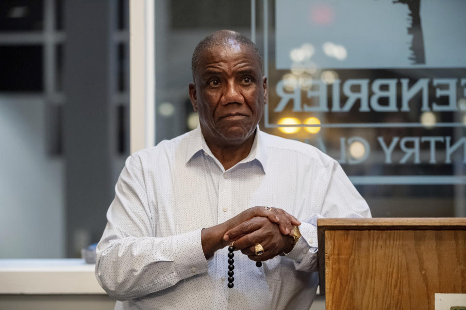 State Sen. Lionell Spruill talks with supporters at his primary-night watch party Tuesday, June 20, 2023, in Chesapeake, Va. Spruill lost in the Democratic primary to L. Louise Lucas. (Mike Caudill/The Virginian-Pilot via AP)