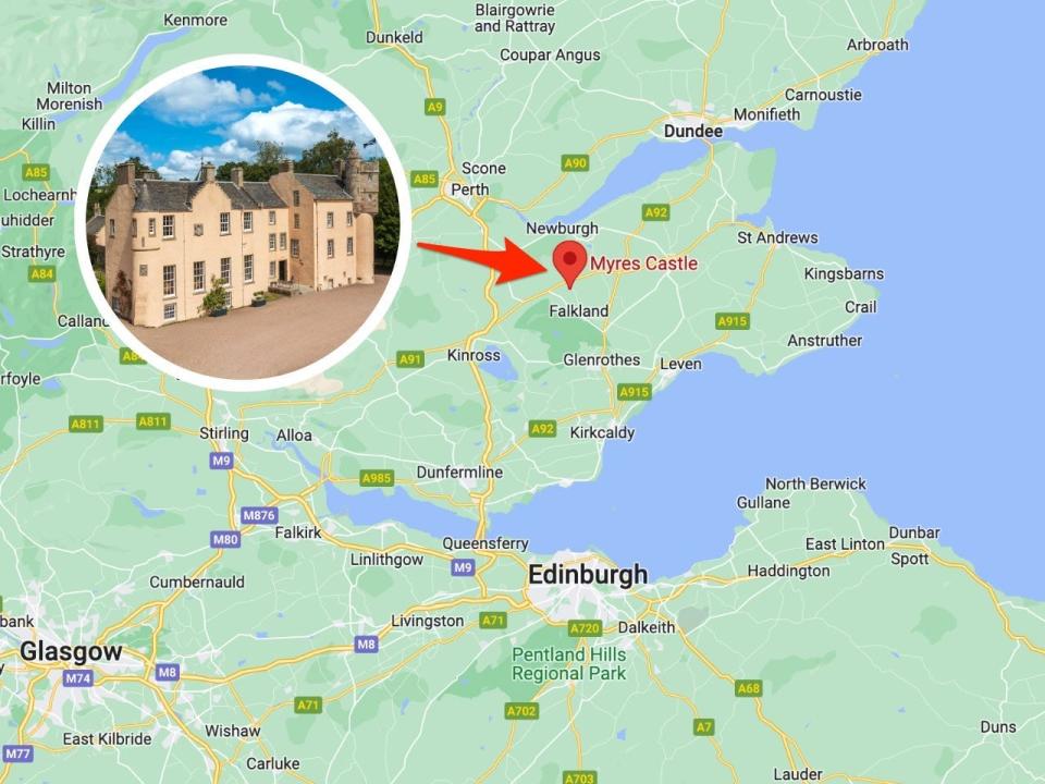 Myres Castle is 36 miles from Edinburgh, Scotland.