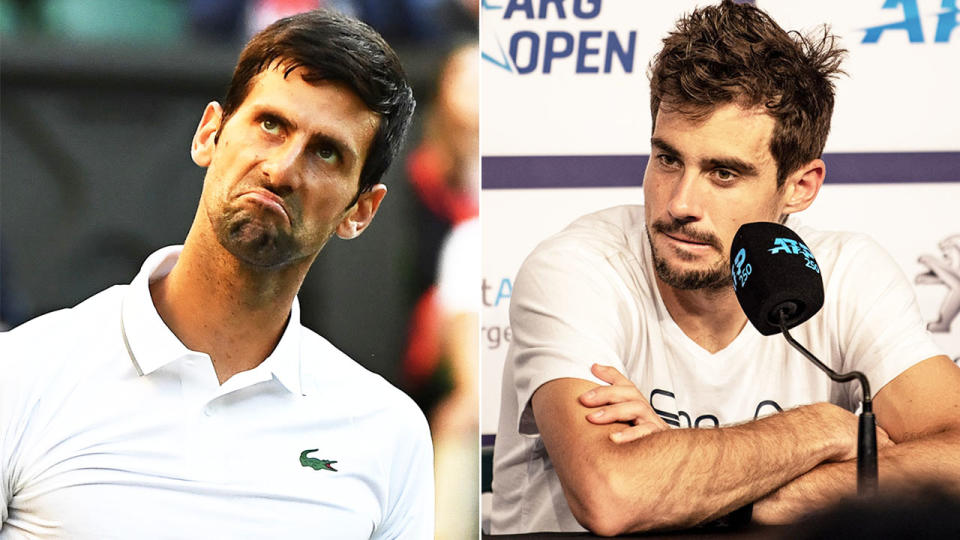 Novak Djokovic (pictured left) looking confused and Guido Pella (pictured right) answering questions.