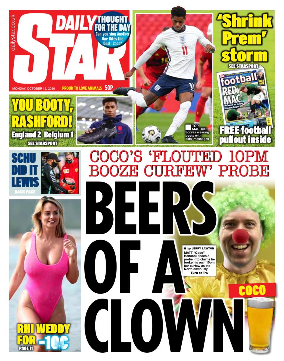 The Daily Star splashes on health secretary Matt Hancock denying a report that he broke the 10pm drinking curfew.