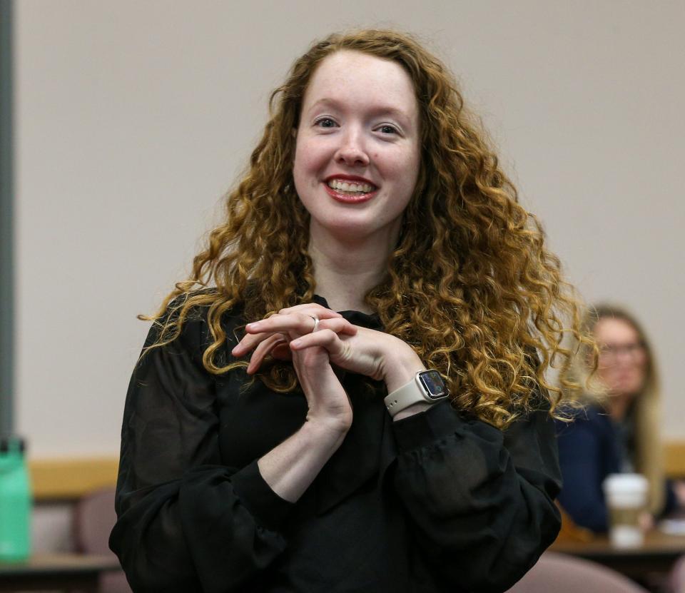 West Lafayette City Councilwoman candidate Iris O’Donnell Bellisario react to vote tally of Tippecanoe County’s 2023 primary election, at the Tippecanoe County building, on Wednesday, May 2, 2023, in Lafayette, Ind.