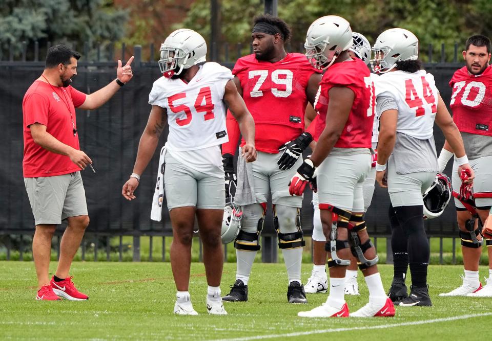 Aug 5, 2022; Columbus, OH, USA; Ohio State Buckeyes head coach Ryan Day talks to Ohio State Buckeyes offensive lineman Dawand Jones (79) during practice at Woody Hayes Athletic Center in Columbus, Ohio on August 5, 2022.