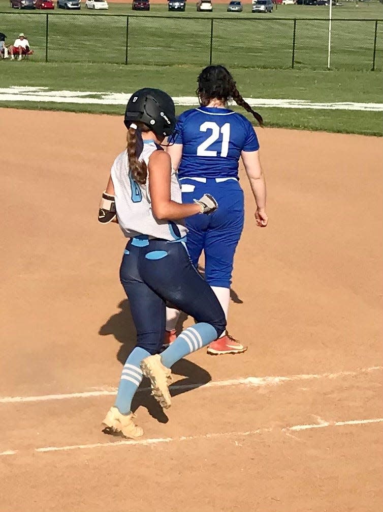 River Valley senior Shelby Westler runs to first base after getting a hit against Bexley in a tournament game. Westler will play college softball at Ohio University next season.