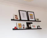 Photos personalise bedrooms but they can end up looking like a whole lot of clutter. A pair of narrow floating shelves, one above the other, utilises the space over a chest of drawers and takes care of the problem. The lip on each shelf prevents the frames from slipping.