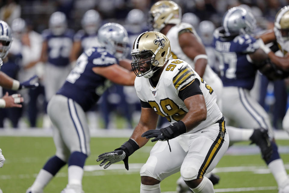 New Orleans Saints defensive tackle Sheldon Rankins (98), in his first game of the season after being injured last season, pursues in the first half of an NFL football game against the Dallas Cowboys in New Orleans, Sunday, Sept. 29, 2019. (AP Photo/Bill Feig)