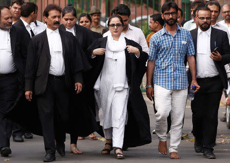 Deepika Singh Rajawat, lawyer of Kathua rape case victim, comes out of the Supreme Court after filling a petition in New Delhi, India, April 16, 2018. REUTERS/Adnan Abidi