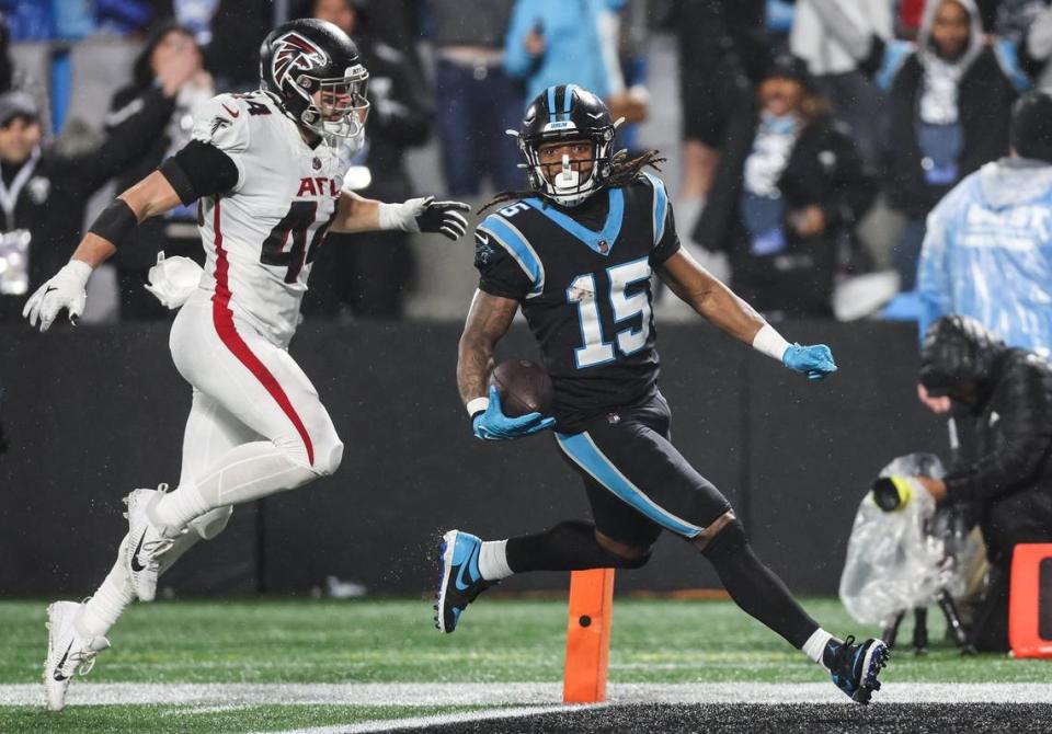 Carolina Panthers wide receiver Laviska Shenault Jr., right, crosses the line for a touchdown against the Atlanta Falcons to make a touchdown on Thursday, November 10, 2022.