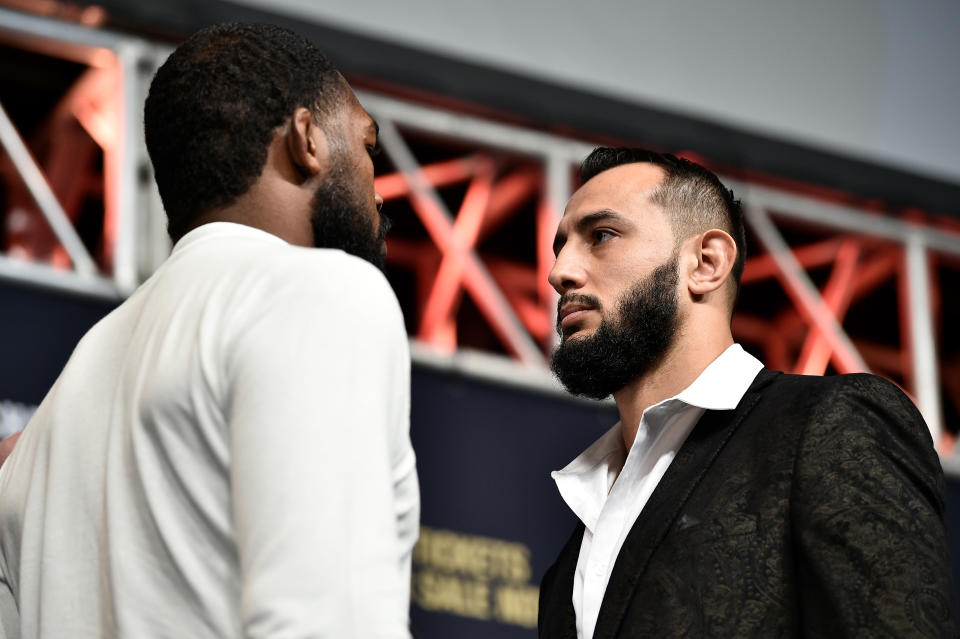 LAS VEGAS, NEVADA - DECEMBER 13:  (R-L) Dominick Reyes and Jon Jones face off during the UFC 247 Press Conference at T-Mobile Arena on December 13, 2019 in Las Vegas, Nevada. (Photo by Chris Unger/Zuffa LLC via Getty Images)