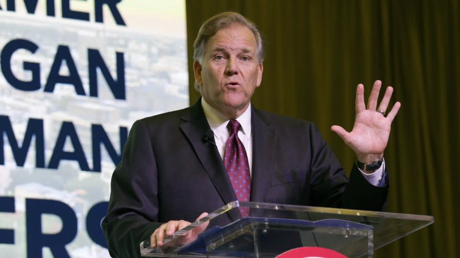 Former Rep. Mike Rogers, R-Mich., speaks at the Vision ’24 conference’ on Saturday, March 18, 2023, in North Charleston, S.C. (AP Photo/Meg Kinnard)
