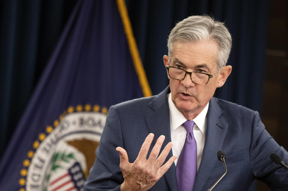 FILE - In this July 31, 2019, file photo Federal Reserve Chairman Jerome Powell speaks during a news conference following a two-day Federal Open Market Committee meeting in Washington. Powell is scheduled to speak at the annual Fed conference in Jackson Hole, Wyo., on Friday, Aug. 23. (AP Photo/Manuel Balce Ceneta, File)