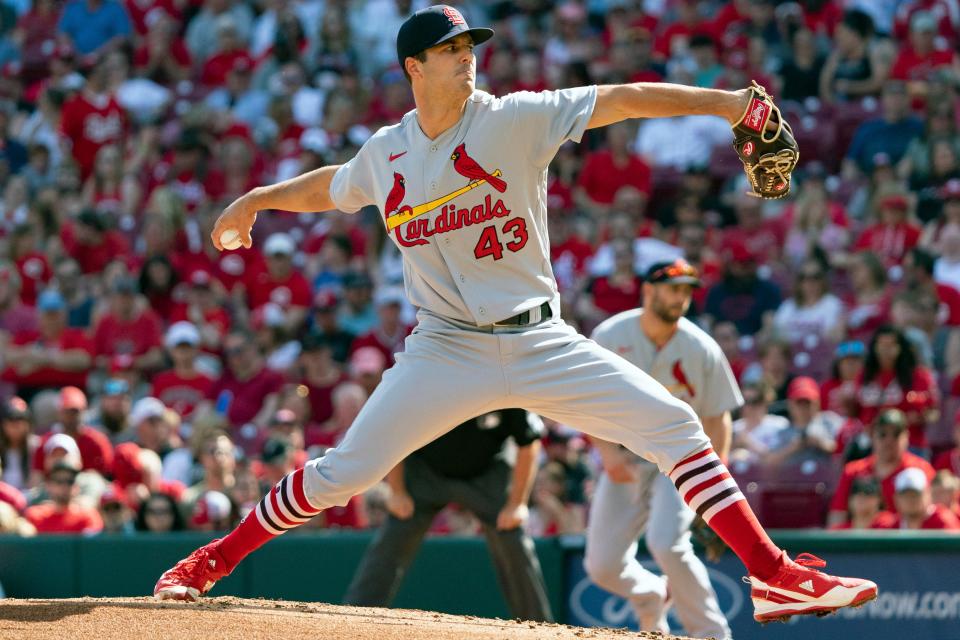 St. Louis Cardinals starting pitcher Dakota Hudson (43) throws during the first inning of a baseball game against the Cincinnati Reds Saturday, April 23, 2022, in Cincinnati. (AP Photo/Jeff Dean)