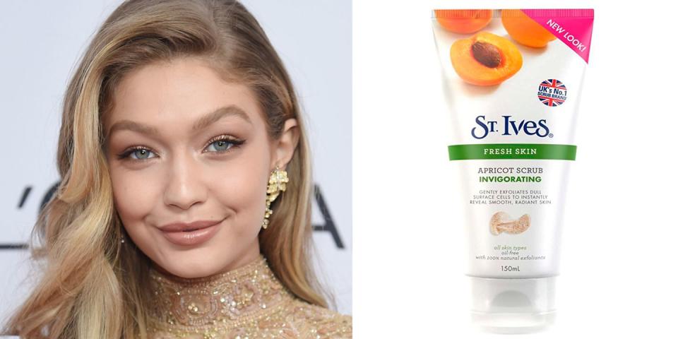 <p>We've long wondered what products are sitting on Gigi Hadid's bathroom shelf, thankfully in an interview with <a href="http://www.instyle.com/beauty/makeup/gigi-hadid-favorite-beauty-products#1400636" rel="nofollow noopener" target="_blank" data-ylk="slk:InStyle;elm:context_link;itc:0;sec:content-canvas" class="link ">InStyle</a>, the supermodel revealed the one product she uses to keep her skin looking 'clean and soft'.</p><p>“I use St Ives to wash my face. The exfoliating grains get the blood circulating and leave my skin feeling clean and soft.” </p><p><em>St. Ives Fresh Skin Invigorating Apricot Facial Scrub, £5.05</em></p><p><a class="link " href="https://www.amazon.co.uk/St-Ives-Invigorating-Apricot-Facial/dp/B001RYWEQ6" rel="nofollow noopener" target="_blank" data-ylk="slk:buy now;elm:context_link;itc:0;sec:content-canvas">buy now</a><br></p>