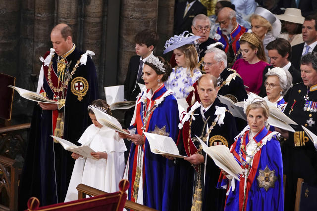 From left, 1st row, Prince William, Princess Charlotte, Prince Louis, Kate, Princess of Wales, Edward Duke of Edinburgh and the Duchess of Edinburgh at the coronation ceremony of King Charles III and Queen Camilla in Westminster Abbey, London, Saturday May 6, 2023. (Yui Mok, Pool via AP)