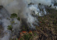 FILE - Smoke rises from a forest fire in the Transamazonica highway region, in the municipality of Labrea, Amazonas state, Brazil, Sept. 17, 2022. Despite the smoke clogging the air of entire Amazon cities, state elections have largely ignored environmental issues. Far-right President Jair Bolsonaro is seeking a second four-year term against leftist Luiz Inácio Lula da Silva, who ruled Brazil between 2003 and 2010. (AP Photo/Edmar Barros, File)