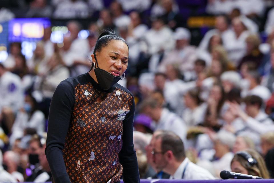 Coach Dawn Staley reacts during No. 1 South Carolina win over No. 16 LSU on Thursday night.