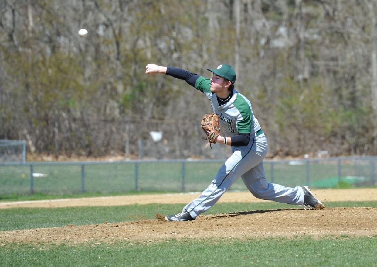 Duxbury relief pitcher Teddy Massingham hurls one against Braintree during high school baseball action at Braintree High School, Monday, April 18, 2022.