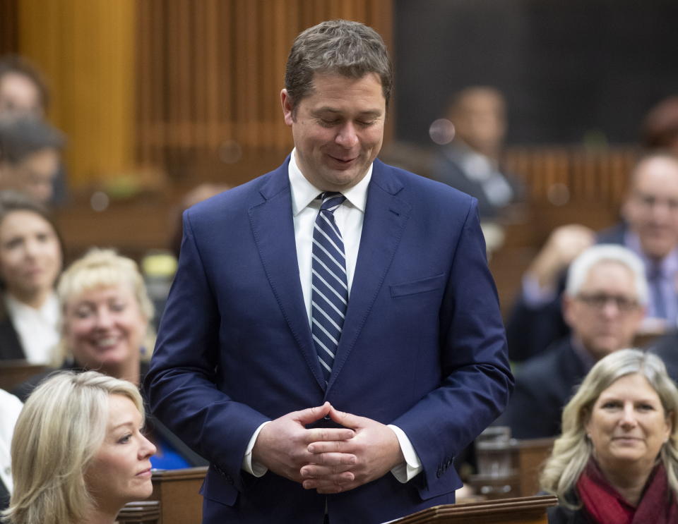 Leader of the Opposition Andrew Scheer announces he will step down as leader of the Conservatives, Thursday December 12, 2019 in the House of Commons in Ottawa. (Adrian Wyld/The Canadian Press via AP)