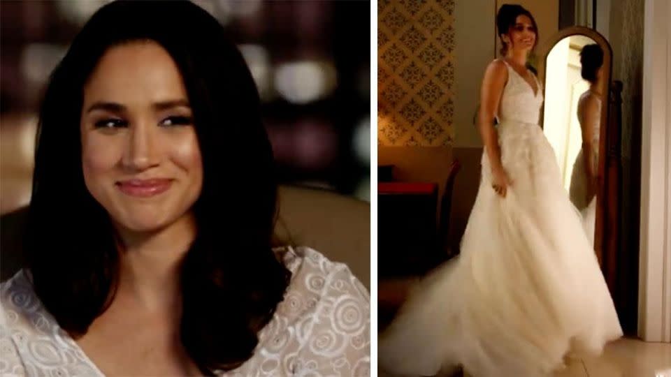 Meghan is seen in a wedding dress again in a new promo on Universal. Photo: Universal