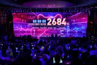 Screen shows the value of goods being transacted during Alibaba Group's Singles' Day global shopping festival at the company's headquarters in Hangzhou