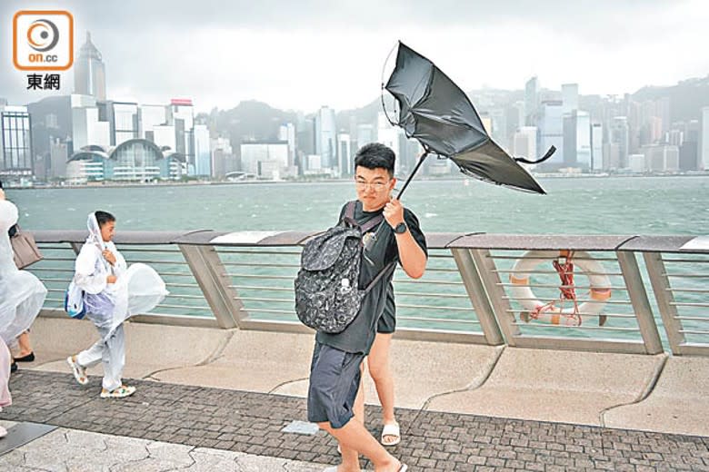 尖沙咀：大風的威力吹反了市民的雨傘。（袁志豪攝）