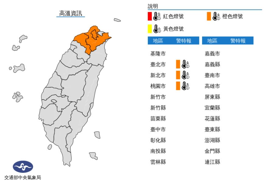 3縣市高溫警示。圖／翻攝自氣象局