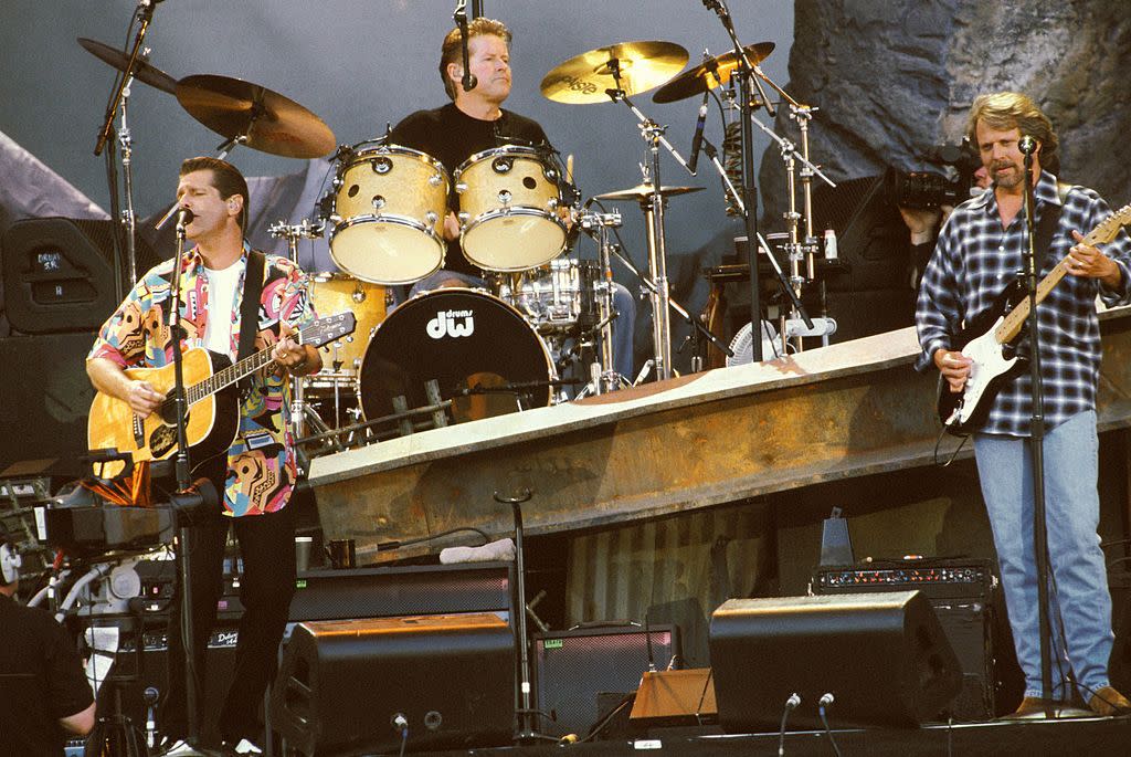 Photo of EAGLES; L-R: Glenn Frey, Don Henley and Don Felder performing live onstage on Hell Freezes Over tour