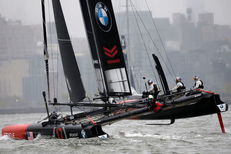 AC45F racing sailboat Oracle Team USA sails past lower Manhattan during practice racing ahead of the America's Cup World Series sailing event in New York, May 6, 2016. REUTERS/Mike Segar