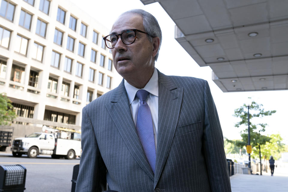 FILE - Edward Tarpley the attorney of Oath Keepers leader Stewart Rhodes, arrives to the federal courthouse in Washington, Wednesday, Sept. 28, 2022. In his trial in the violent Jan. 6, 2021 attack on the U.S. Capitol, attorneys for the leader of the Oath Keepers extremist group will mount an unusual defense with former President Donald Trump at its center. Defense attorneys are poised to argue that Rhodes can’t be found guilty of seditious conspiracy because everything he did was in preparation for orders he anticipated coming down from the Republican president. (AP Photo/Jose Luis Magana, File)