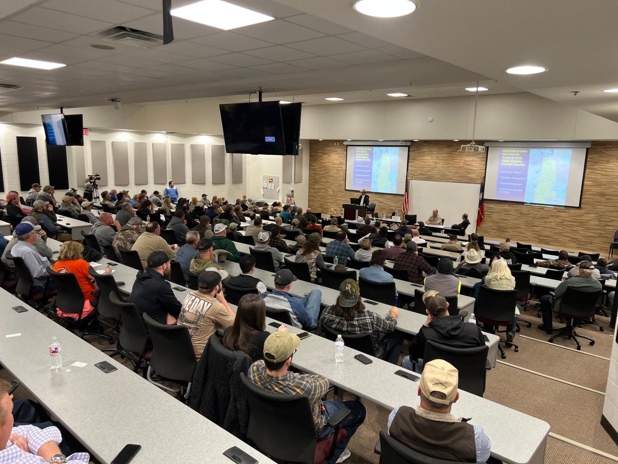 More than 280 people gathered at Grayson College on Wednesday night to voice opinions about a TPWD proposal to open a firearms deer season in Grayson, Collin, Dallas, and Rockwall Counties this fall. Nearly everyone who spoke came out in strong opposition to the proposal.