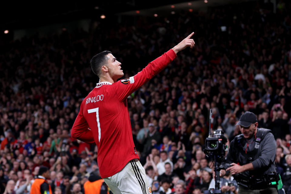MANCHESTER, ENGLAND - OCTOBER 27: Cristiano Ronaldo of Manchester United celebrates after scoring their team&#39;s third goal during the UEFA Europa League group E match between Manchester United and Sheriff Tiraspol at Old Trafford on October 27, 2022 in Manchester, England. (Photo by Naomi Baker/Getty Images)