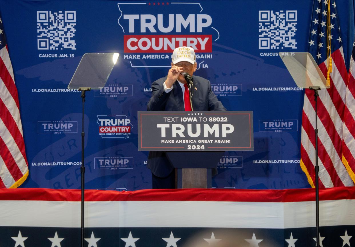 Former President Donald Trump speaks during a campaign event ahead of the Iowa Caucus on Sunday, Jan. 14, 2024, at Simpson College in Indianola.