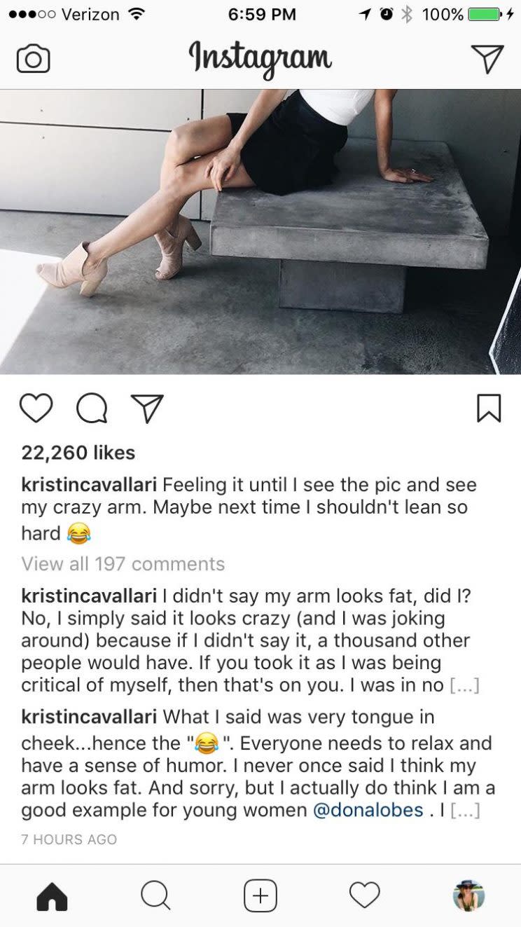 Cavallari responded to some of the hateful comments. (Photo: Instagram/kristincavallari)