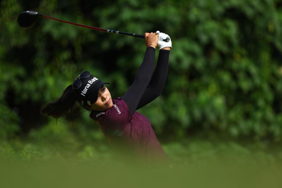 Patty Tavatanakit of Thailand tees off on the 5th hole during the second round of the Maybank Championship at Kuala Lumpur Golf and Country Club on October 27, 2023 in Kuala Lumpur, Malaysia. (Photo by Yong Teck Lim/Getty Images)