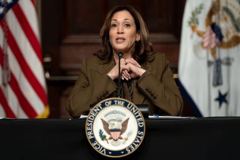 Vice President Kamala Harris delivers remarks Tuesday on the fight for voting rights in the Indian Treaty Room of the White House Complex. Harris called the Biden administration's four-part plan a way to ensure "every American has the information that they need to know how they can vote when they are eligible." Photo by Leigh Vogel/UPI