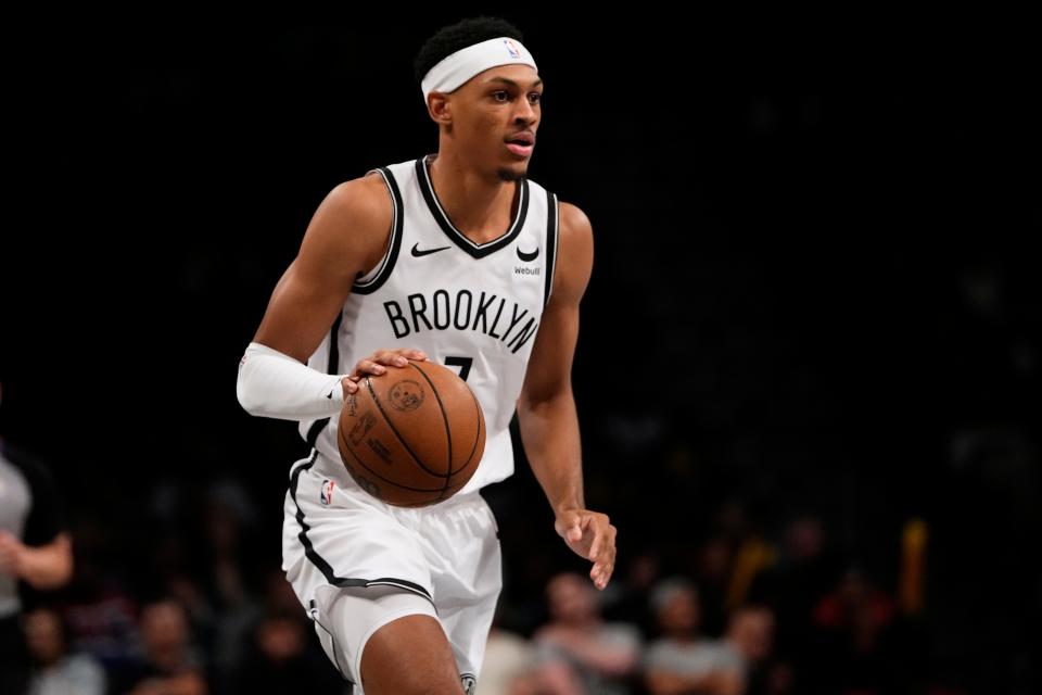 Brooklyn Nets' Darius Bazley (7) during the second half of a preseason NBA basketball game against the Philadelphia 76ers Monday, Oct. 16, 2023, in New York. The 76ers won 127-119. (AP Photo/Frank Franklin II)