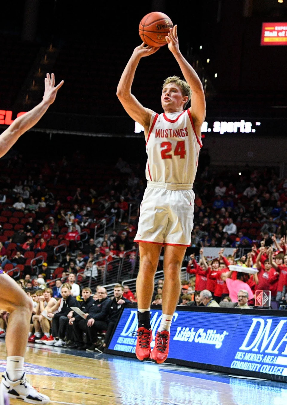 Dallas Center-Grimes' Cole Glasgow (24) attempts a 3-pointer against Central DeWitt during the Class 3A Iowa high school boys basketball championship game at Wells Fargo Arena Friday, March 11, 2022, in Des Moines.