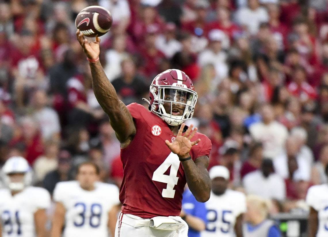 Alabama quarterback Jalen Milroe ran for 155 yards and four touchdowns and threw for 219 yards in the Crimson Tide’s 42-28 victory over LSU last week. Gary Cosby Jr./USA TODAY NETWORK
