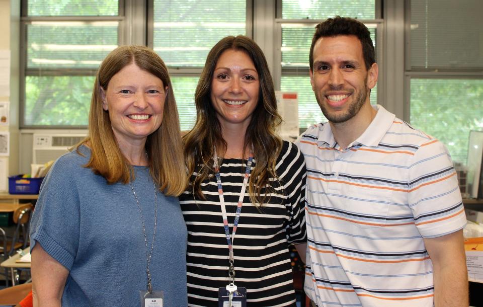 Edison Intermediate School gifted education teacher Esther Van Riper (center) is the co-recipient of the 2022 Optimist Club’s Intermediate School outstanding teacher award. Pictured here with 2021 recipients Kimberly Swenson (left) and Marc Lazarow.