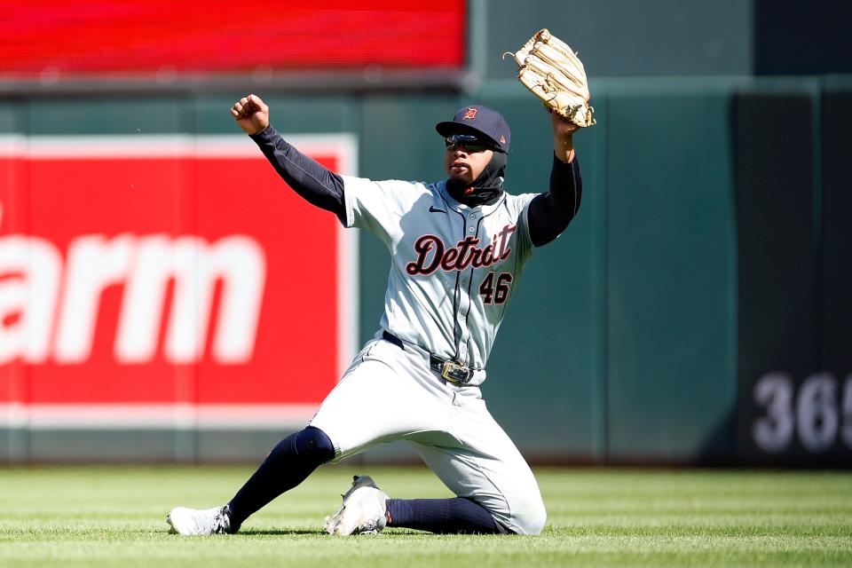 Wenceel Perez of the Detroit Tigers reacts to catching a fly ball hit by Austin Martin of the Minnesota Twins for an out in the eighth inning at Target Field on Saturday, April 20, 2024, in Minneapolis, Minnesota.