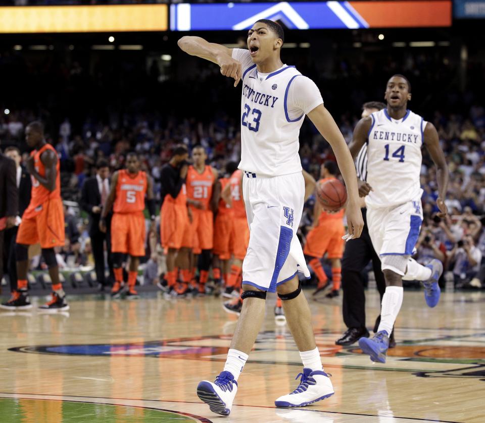 Kentucky forward Anthony Davis reacts after defeating Louisville 69-61 in an NCAA Tournament Final Four on March 31, 2012, in New Orleans.