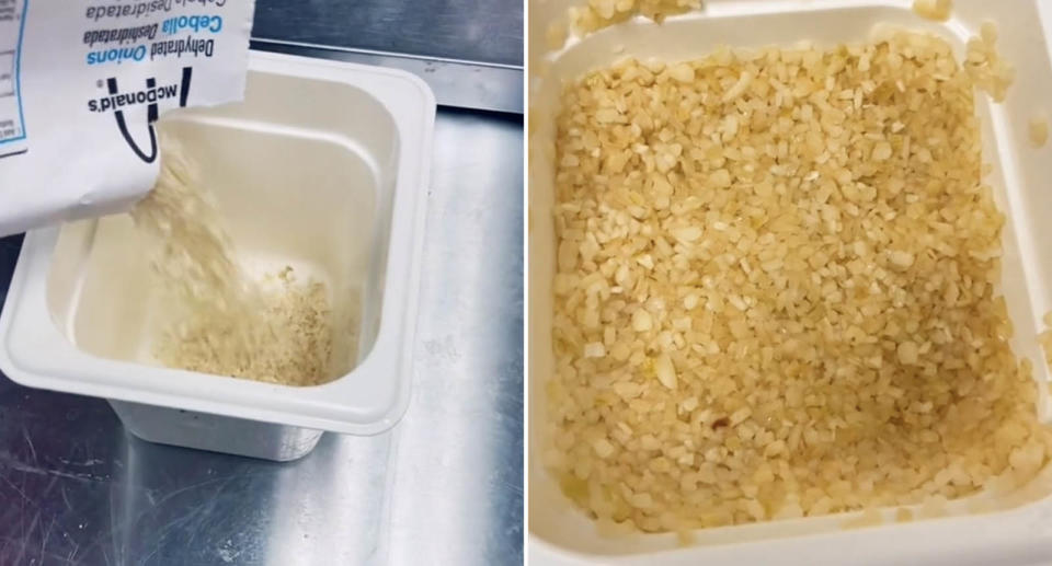 A McDonald's worker pours dried onions into a container before adding water.