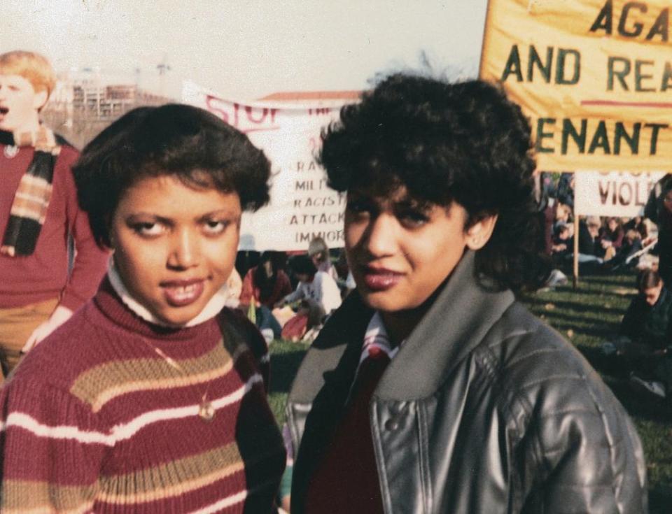 This November 1982 photo provided by the Kamala Harris campaign shows her, right, with Gwen Whitfield at an anti-apartheid protest during her freshman year at Howard University in Washington.