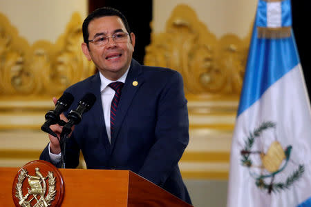 Guatemala's President Jimmy Morales delivers a message at the National Palace of Culture in Guatemala City, Guatemala September 6, 2018, 2018. REUTERS/Luis Echeverria