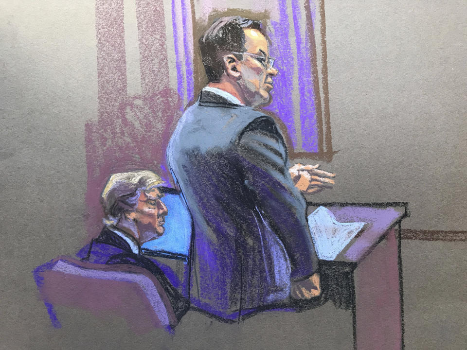In this courtroom sketch, prosecutor Joshua Steinglass, right, speaks while former President Donald Trump, left, sits in court during the second day of jury selection in his criminal hush money trial in Manhattan criminal court in New York on Tuesday, April 16, 2024. (Christine Cornell via AP, Pool)
