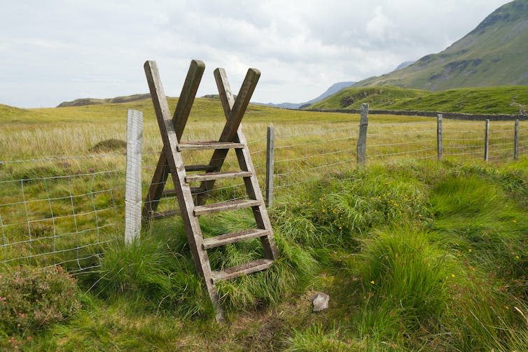 A wooden stile over a wire fence on moorland.