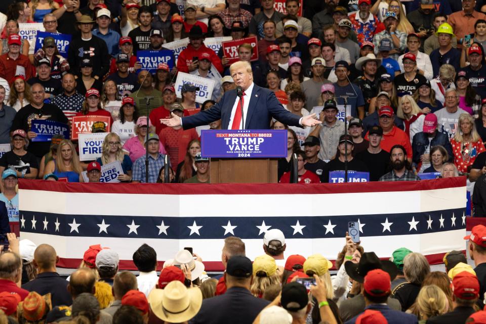 Republican presidential nominee former President Donald Trump speaks at a campaign rally in Bozeman, Mont., Friday, Aug. 9, 2024 (AP)