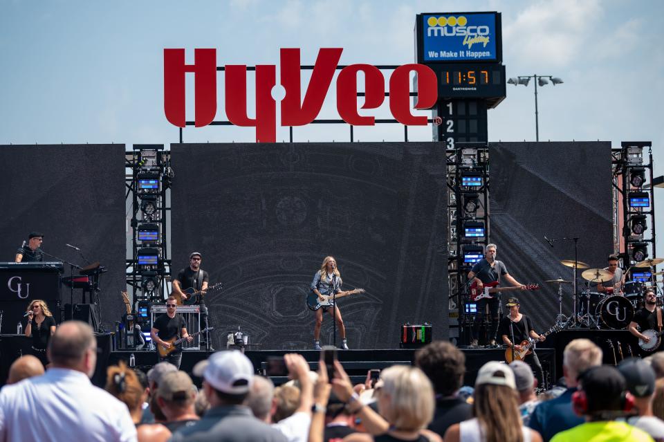 Country star Carrie Underwood performs ahead of the Hy-Vee Homefront 250 presented by Instacart at the Iowa Speedway in Newton on Saturday, July 22, 2023.