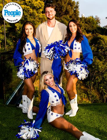 <p>Netflix, Krista Schlueter</p> Harry Jowsey with Dallas Cowboys Cheerleaders Reece Allman (left), Victoria Kalina (center) and Kelcey Wetterberg