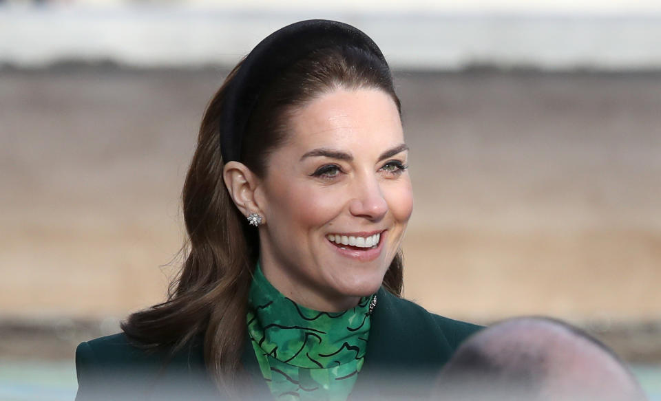 The Duchess of Cambridge wearing a velvet headband during day one of their visit to Ireland. (Getty Images)